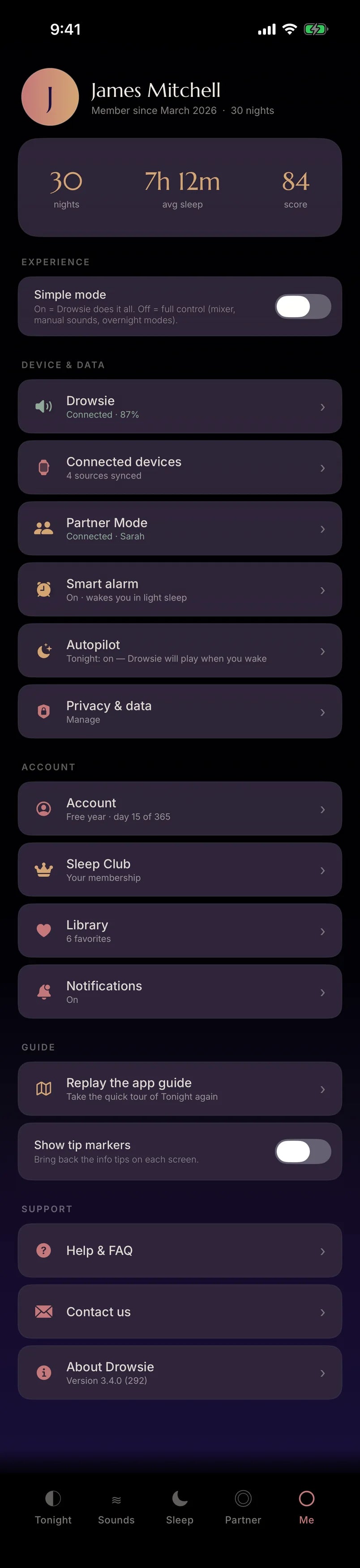 The Drowsie app, Me tab