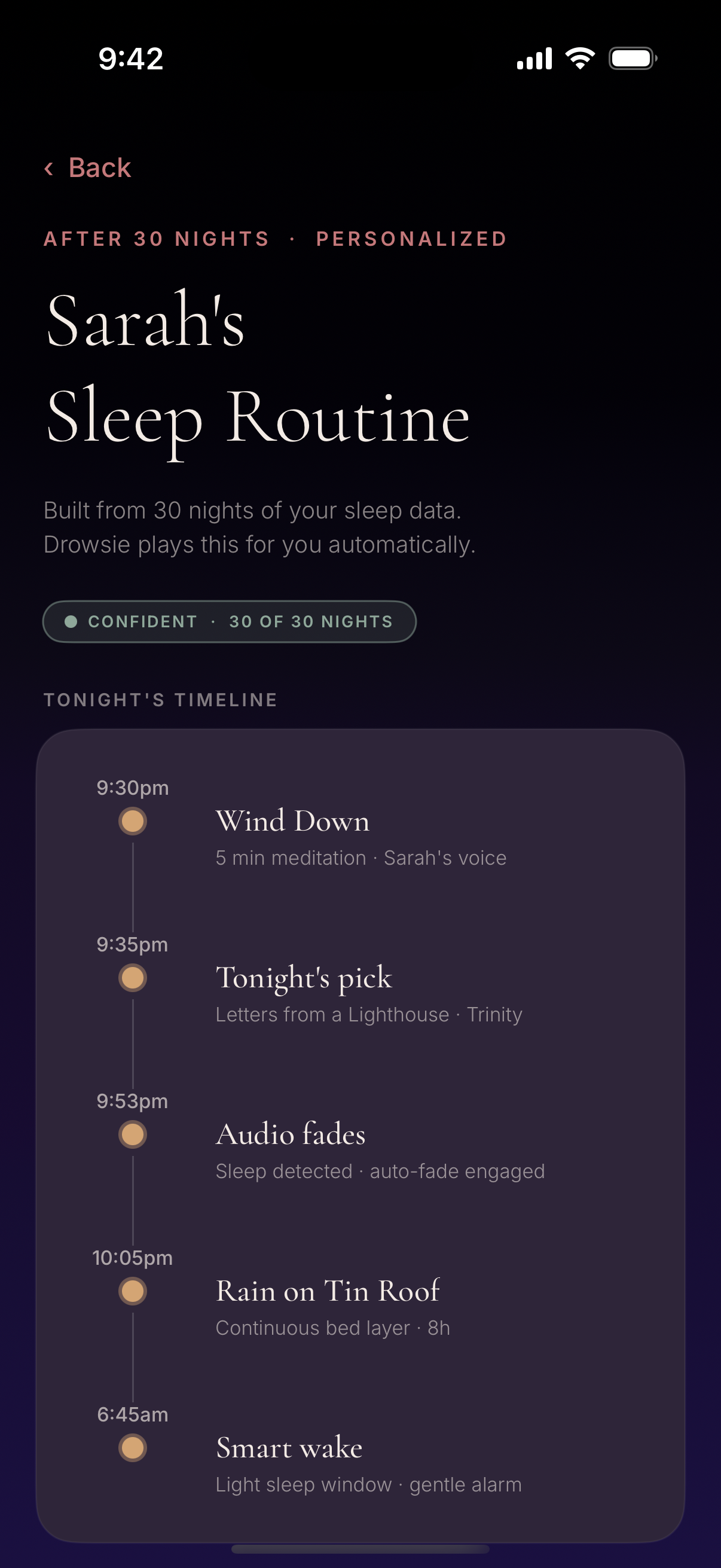 Sarah's personalized routine, ready after 30 nights