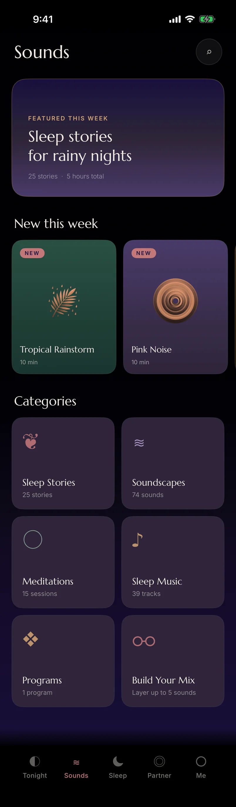 The Drowsie app, Sounds tab