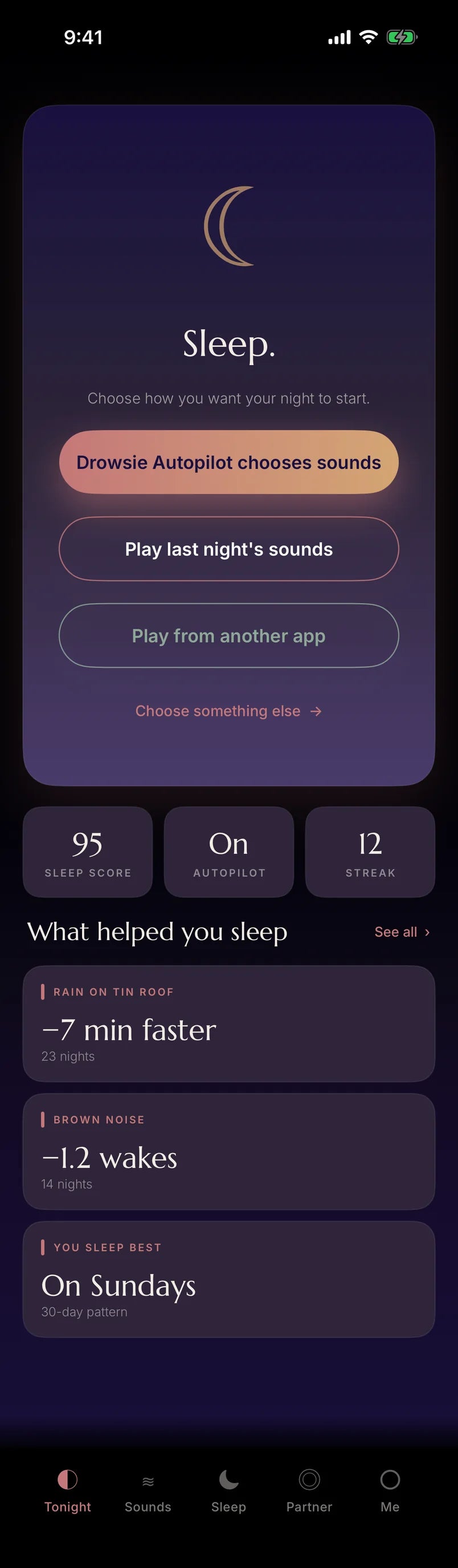 The Drowsie app, Tonight tab