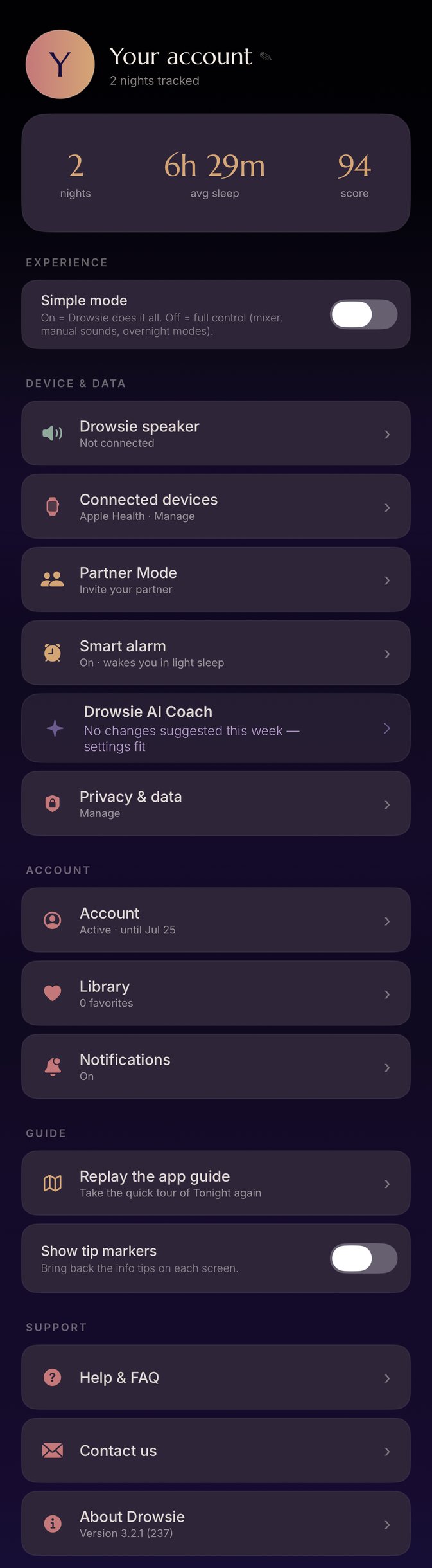 The Drowsie app — Me screen