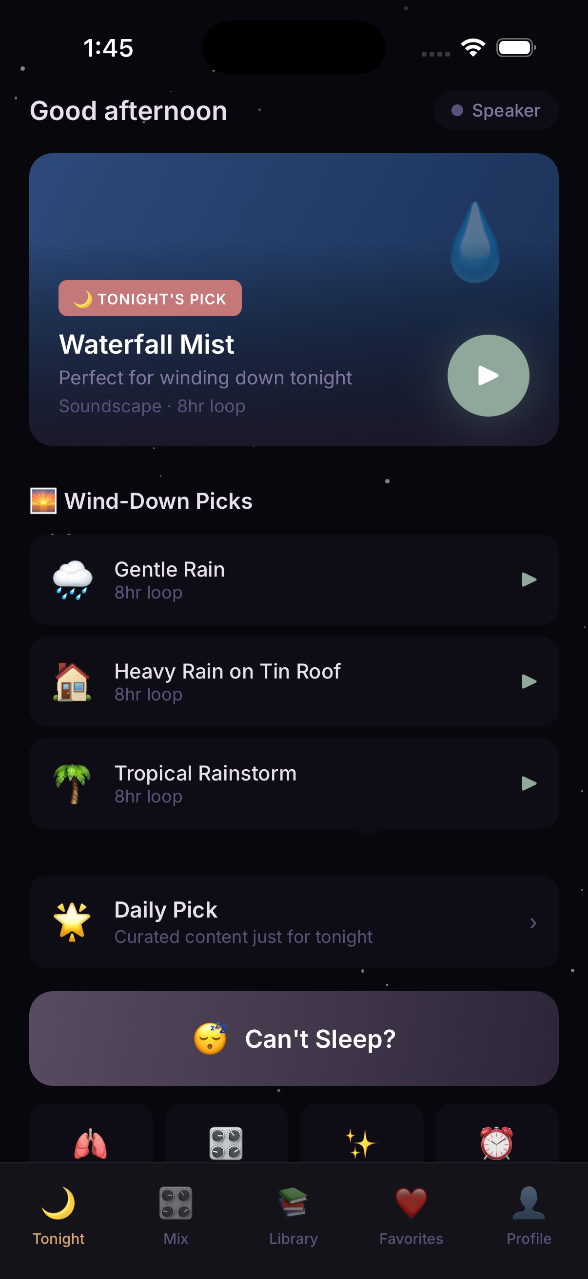 Sleep Club app — home screen