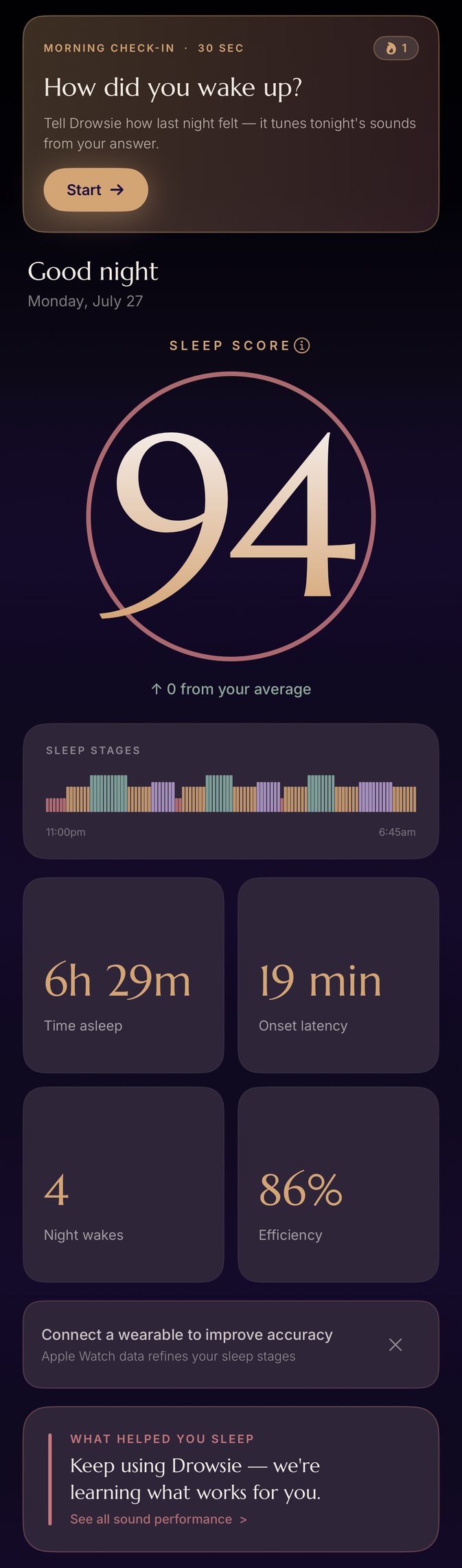 The Drowsie app — Sleep screen