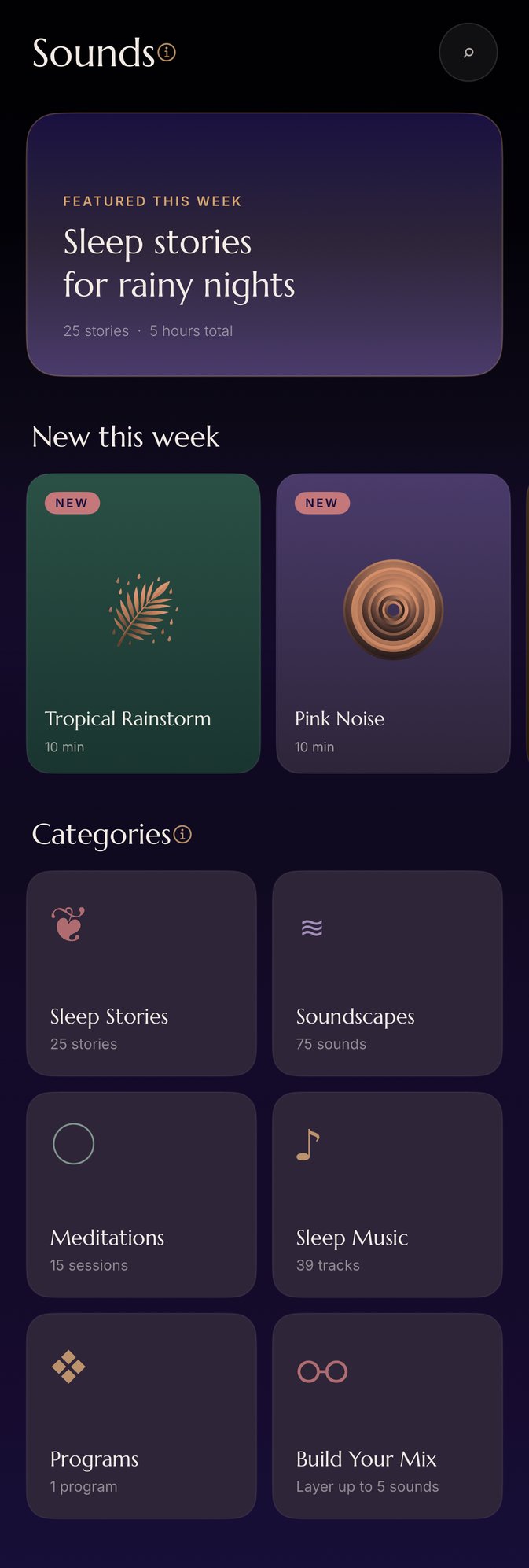 The Drowsie app — Sounds screen
