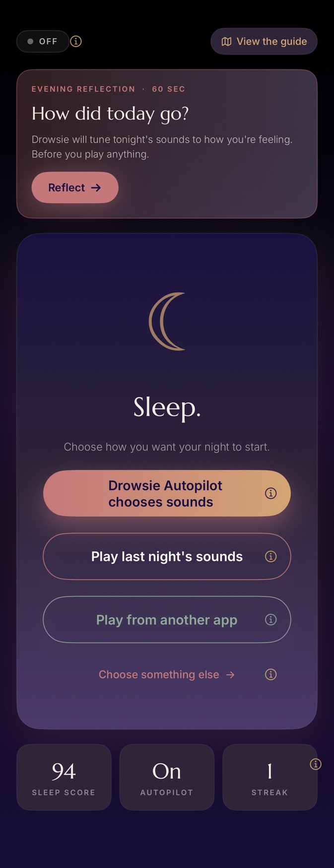 The Drowsie app — Tonight screen