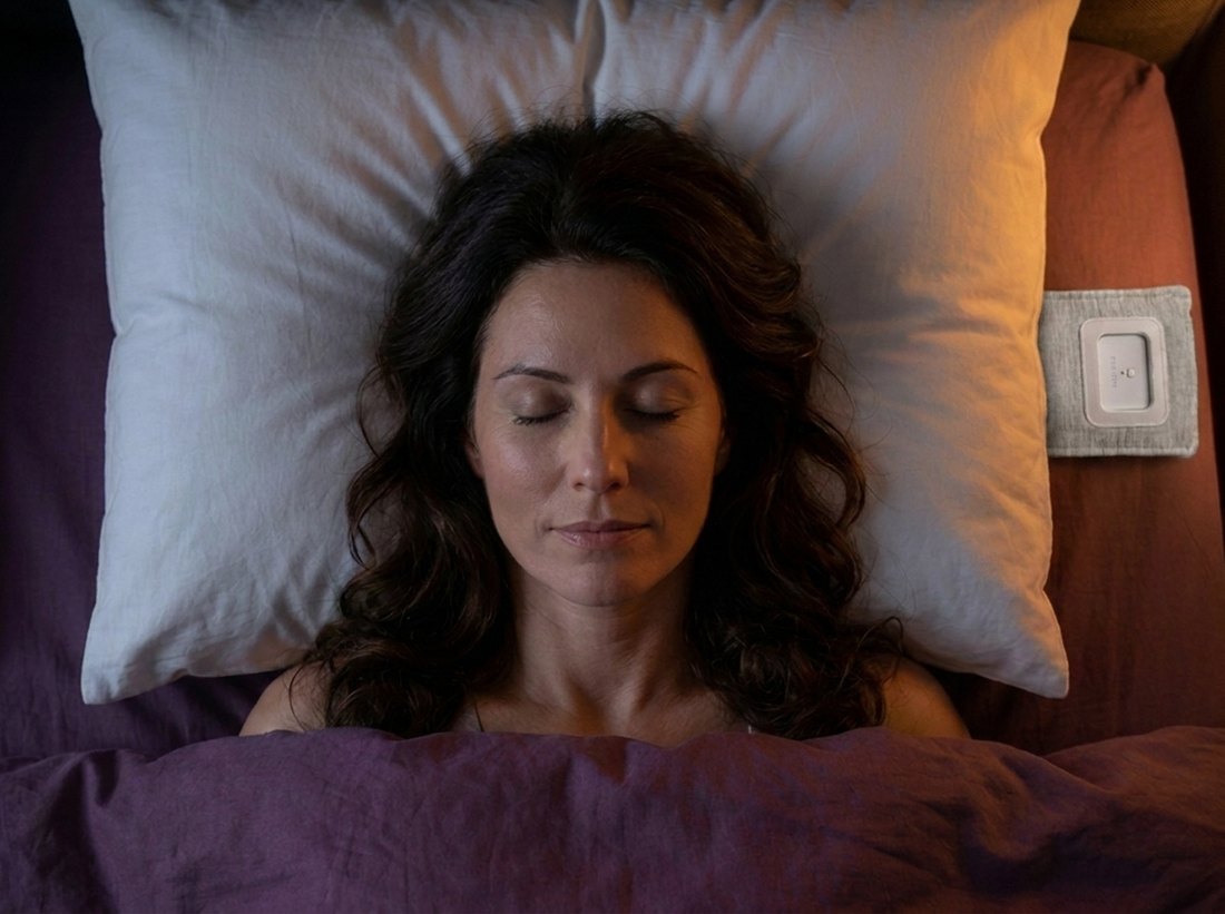 A woman asleep, the speaker flat under her pillow