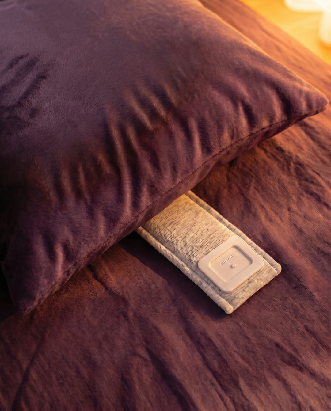 A Drowsie speaker tucked under a pillow — sound to fall asleep to, with nothing in your ear.