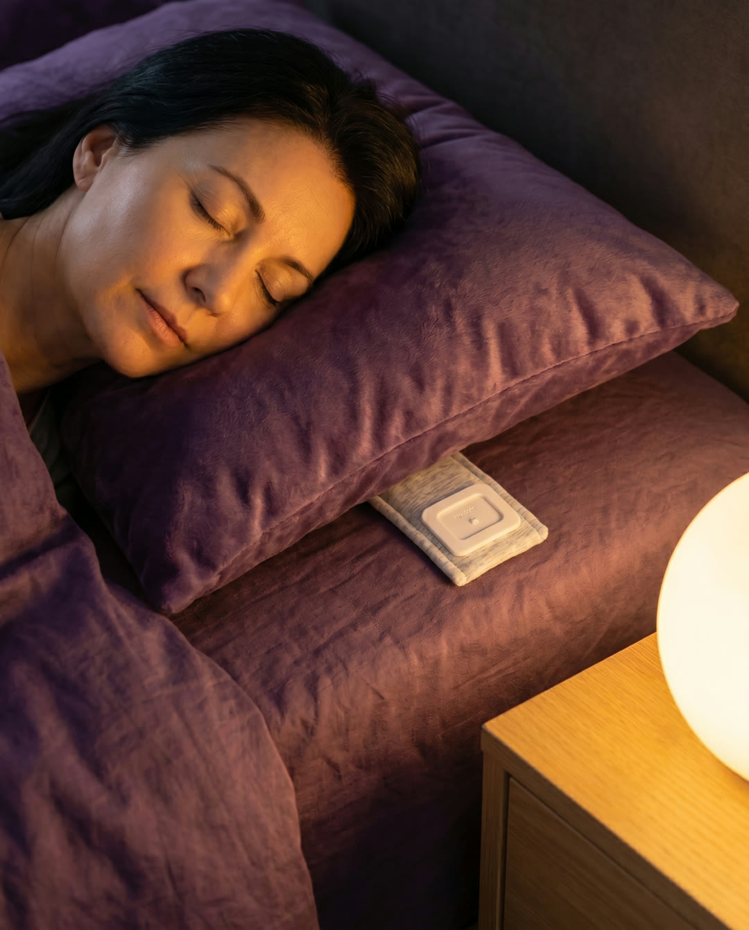 A woman asleep with a Drowsie speaker under her pillow — a quieter way to switch off.